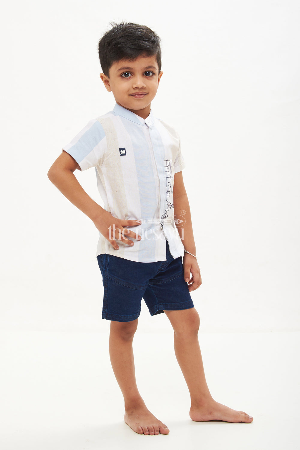 The Nesavu Boys Casual Set Boys' Half Sleeve Striped Shirt & Shorts Set - Blue/Chiku Nesavu Boys' Half Sleeve Striped Shirt & Shorts Set - Blue/Chiku - Sizes 1Y-5Y