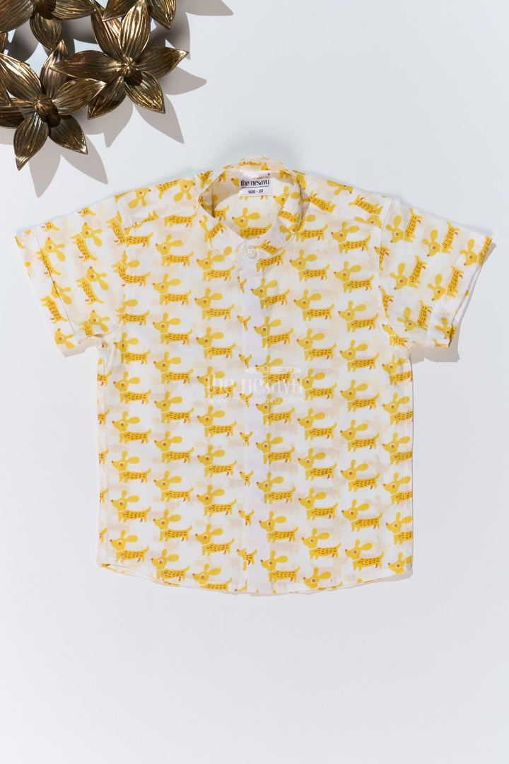 The Nesavu Boys Cotton Shirt Boys Half Sleeve Yellow Shirt in Cotton Block Print with Fun Dog Print Nesavu 16 (1Y) / Yellow BS245B-16 Boys Half Sleeve Yellow Shirt Cotton Block Print Playful Dog Print | The Nesavu