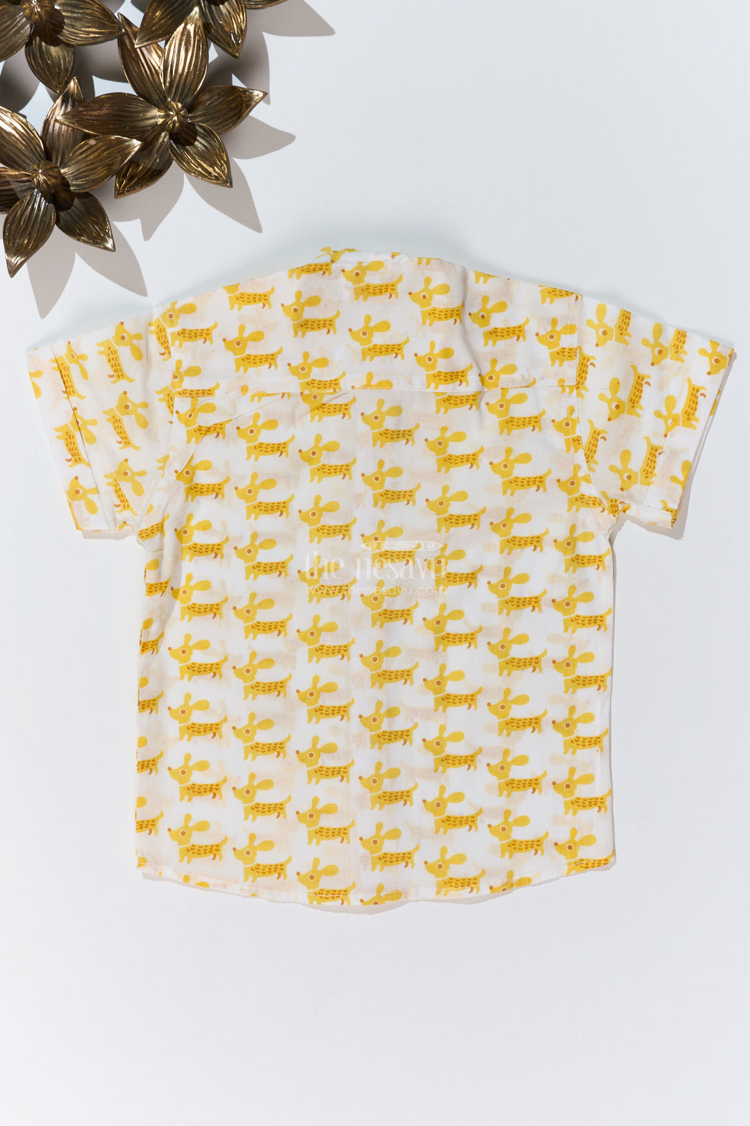 The Nesavu Boys Cotton Shirt Boys Half Sleeve Yellow Shirt in Cotton Block Print with Fun Dog Print Nesavu Boys Half Sleeve Yellow Shirt Cotton Block Print Playful Dog Print | The Nesavu