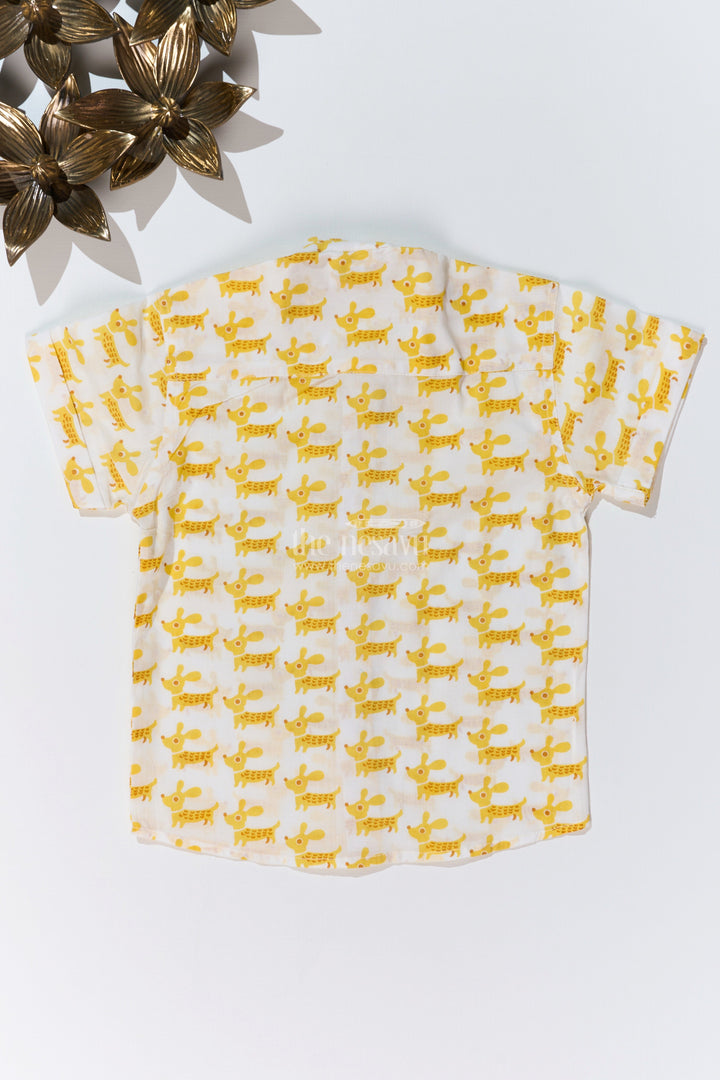 The Nesavu Boys Cotton Shirt Boys Half Sleeve Yellow Shirt in Cotton Block Print with Fun Dog Print Nesavu Boys Half Sleeve Yellow Shirt Cotton Block Print Playful Dog Print | The Nesavu