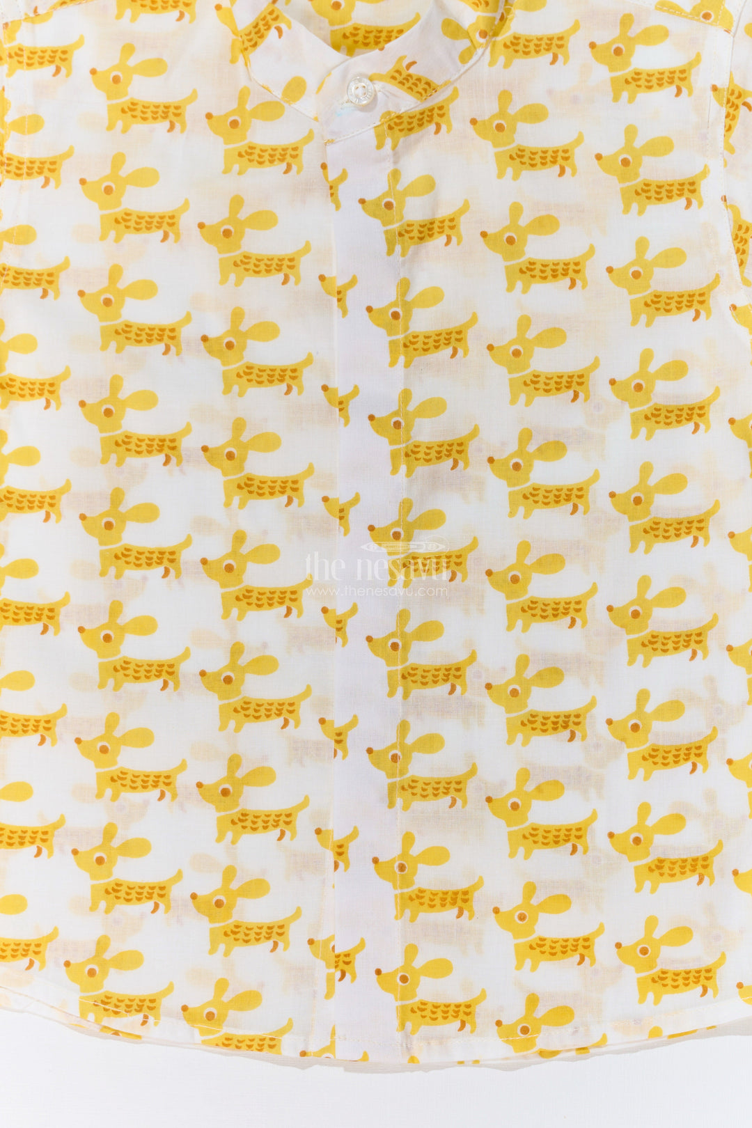 The Nesavu Boys Cotton Shirt Boys Half Sleeve Yellow Shirt in Cotton Block Print with Fun Dog Print Nesavu Boys Half Sleeve Yellow Shirt Cotton Block Print Playful Dog Print | The Nesavu