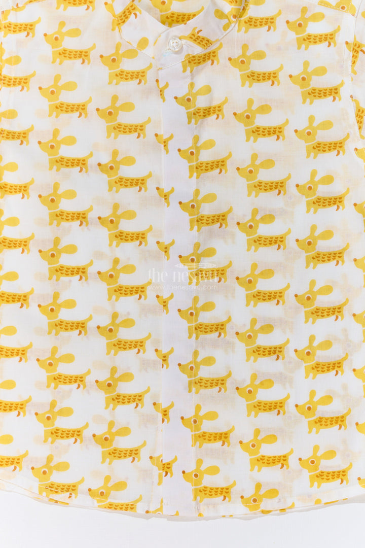 The Nesavu Boys Cotton Shirt Boys Half Sleeve Yellow Shirt in Cotton Block Print with Fun Dog Print Nesavu Boys Half Sleeve Yellow Shirt Cotton Block Print Playful Dog Print | The Nesavu
