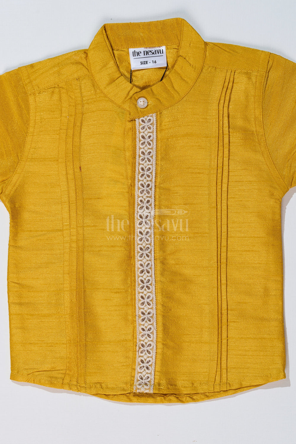 The Nesavu Boys Silk Shirt Boys Half Sleeve Yellow Shirt with Rich Silk Blend and Elegant Lace Detailing for Festive Wear Nesavu Nesavu Boys Half Sleeve Yellow Shirt Silk Blend Fabric Elegant Lace Embroidery