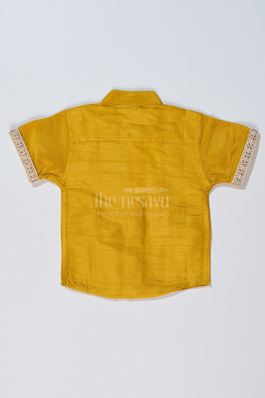 The Nesavu Boys Silk Shirt Boys Half Sleeve Yellow Shirt with Rich Silk Blend and Elegant Lace Detailing for Festive Wear Nesavu Nesavu Boys Half Sleeve Yellow Shirt Silk Blend Fabric Elegant Lace Embroidery