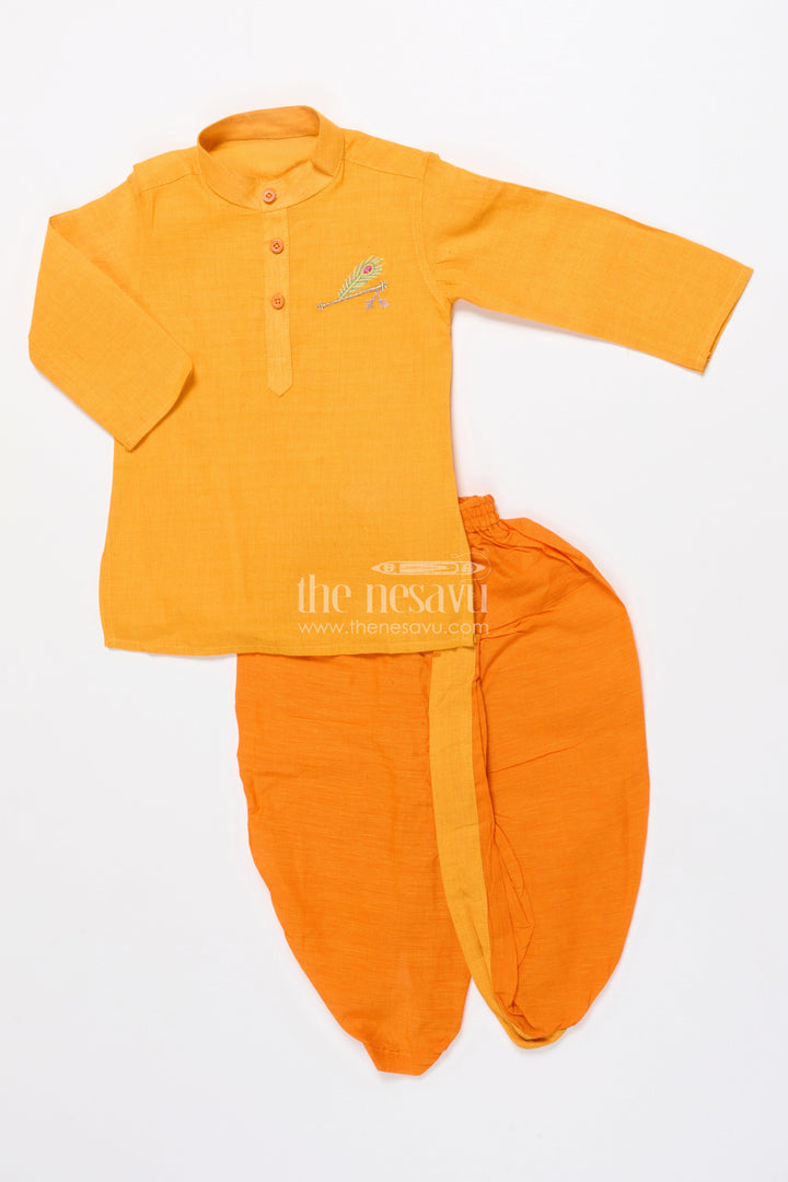The Nesavu Boys Dothi Set Boys Handloom Cotton Dhoti Kurta Set for Traditional Events and Temple Visits Nesavu 14 (6M) / Yellow BES895B-14 Nesavu boys cotton dhoti kurta set embroidery ideal temple wear traditional ceremonies