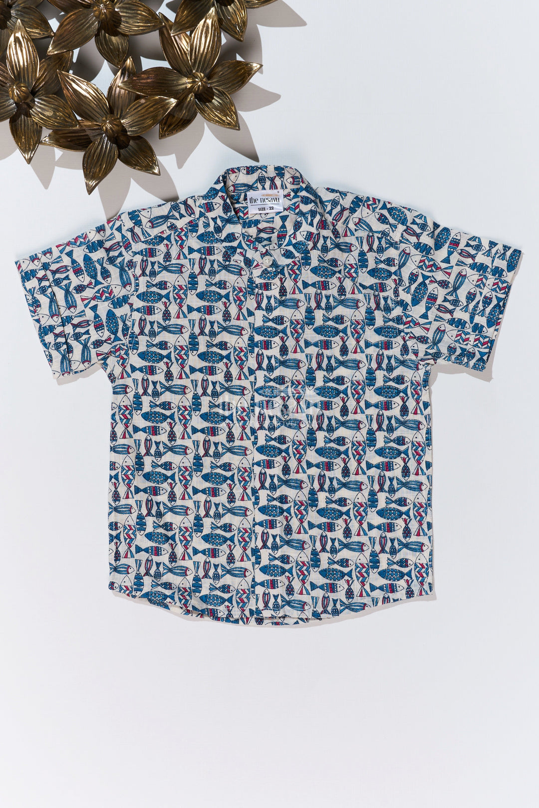 The Nesavu Boys Cotton Shirt Boys Holiday Shirt Dress in Cotton Block Print with Traditional Fish Motif for a Relaxed Look Nesavu 16 (1Y) / Blue BS244D-16 Boys Holiday Shirt Dress Cotton Block Print Traditional Fish Motif | The Nesavu