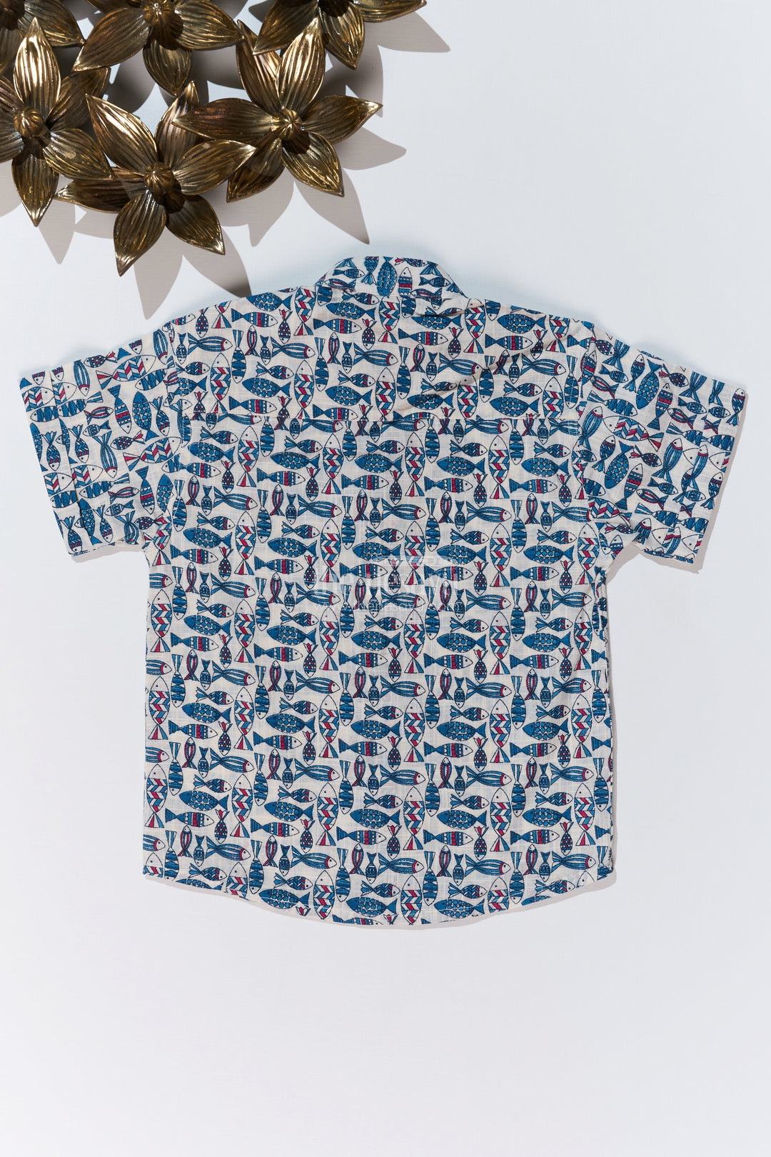 The Nesavu Boys Cotton Shirt Boys Holiday Shirt Dress in Cotton Block Print with Traditional Fish Motif for a Relaxed Look Nesavu Boys Holiday Shirt Dress Cotton Block Print Traditional Fish Motif | The Nesavu