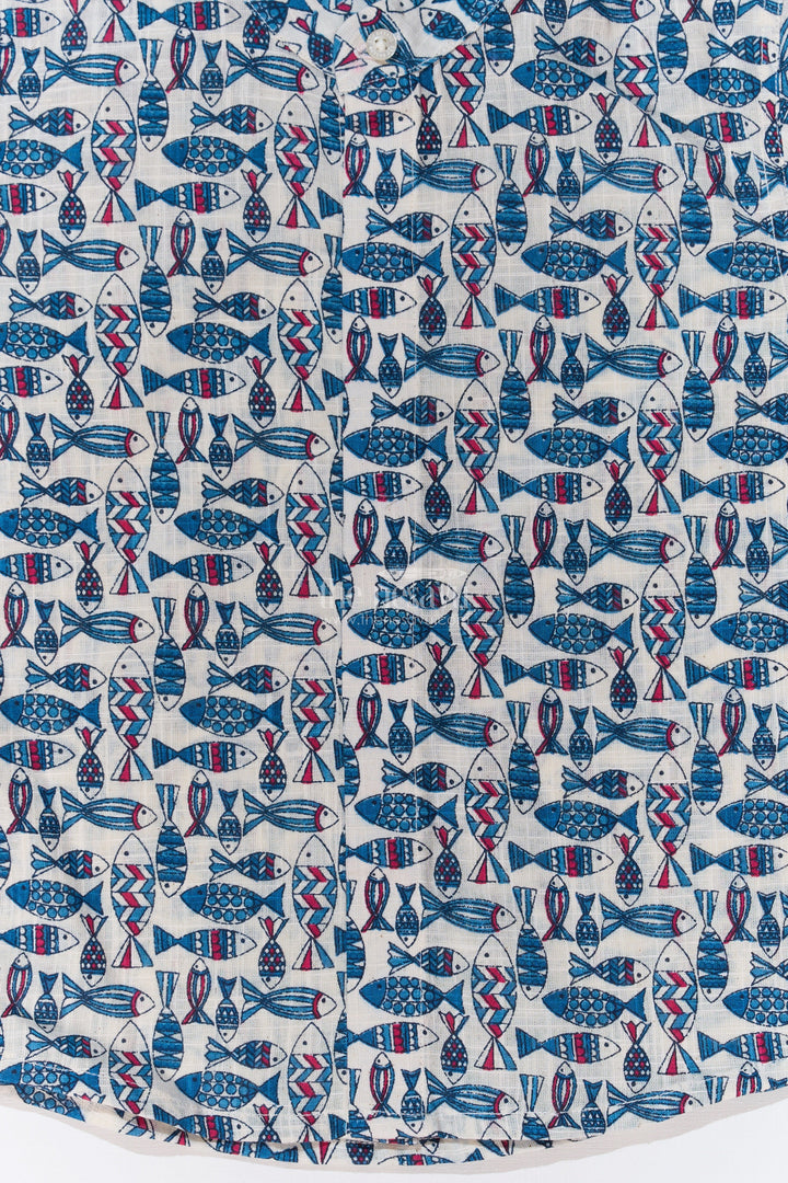 The Nesavu Boys Cotton Shirt Boys Holiday Shirt Dress in Cotton Block Print with Traditional Fish Motif for a Relaxed Look Nesavu Boys Holiday Shirt Dress Cotton Block Print Traditional Fish Motif | The Nesavu