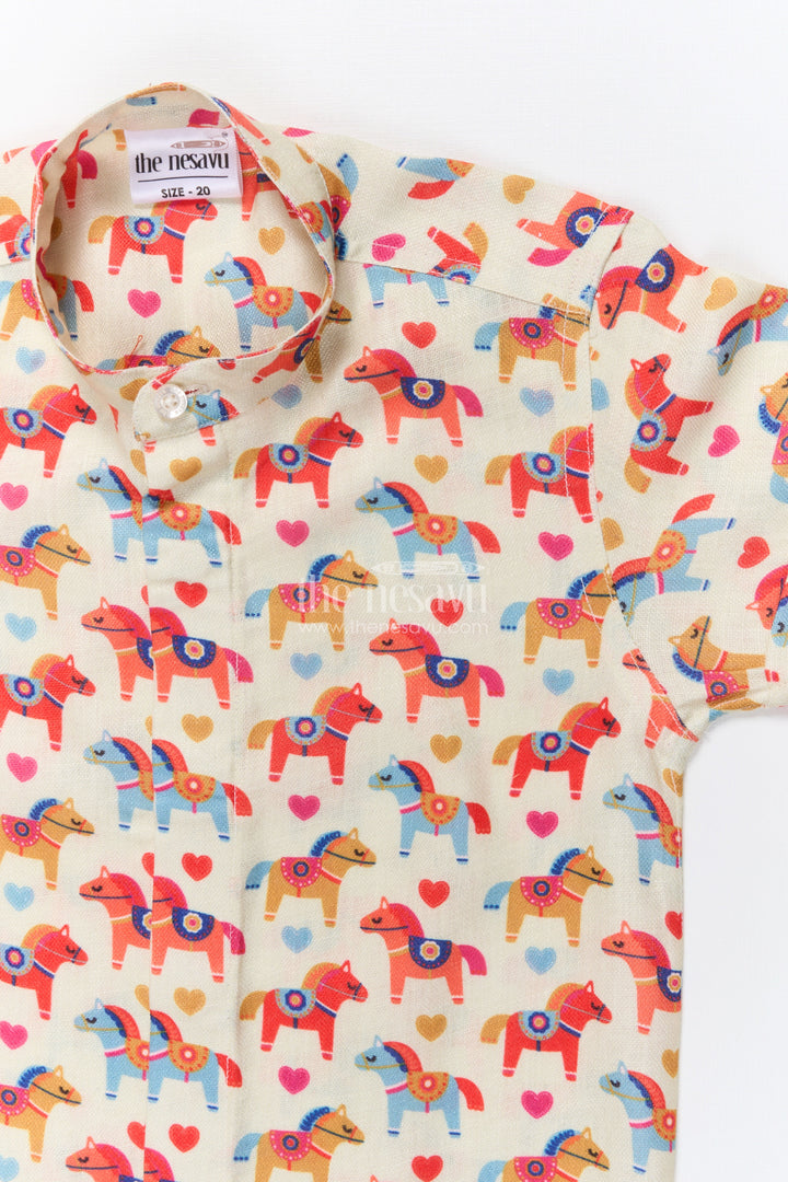 The Nesavu Boys Linen Shirt Boys Horse Print Linen Shirt for Cultural Days and Playful Dressing Nesavu Nesavu boys horse motif linen shirt school functions festive wear casual occasions