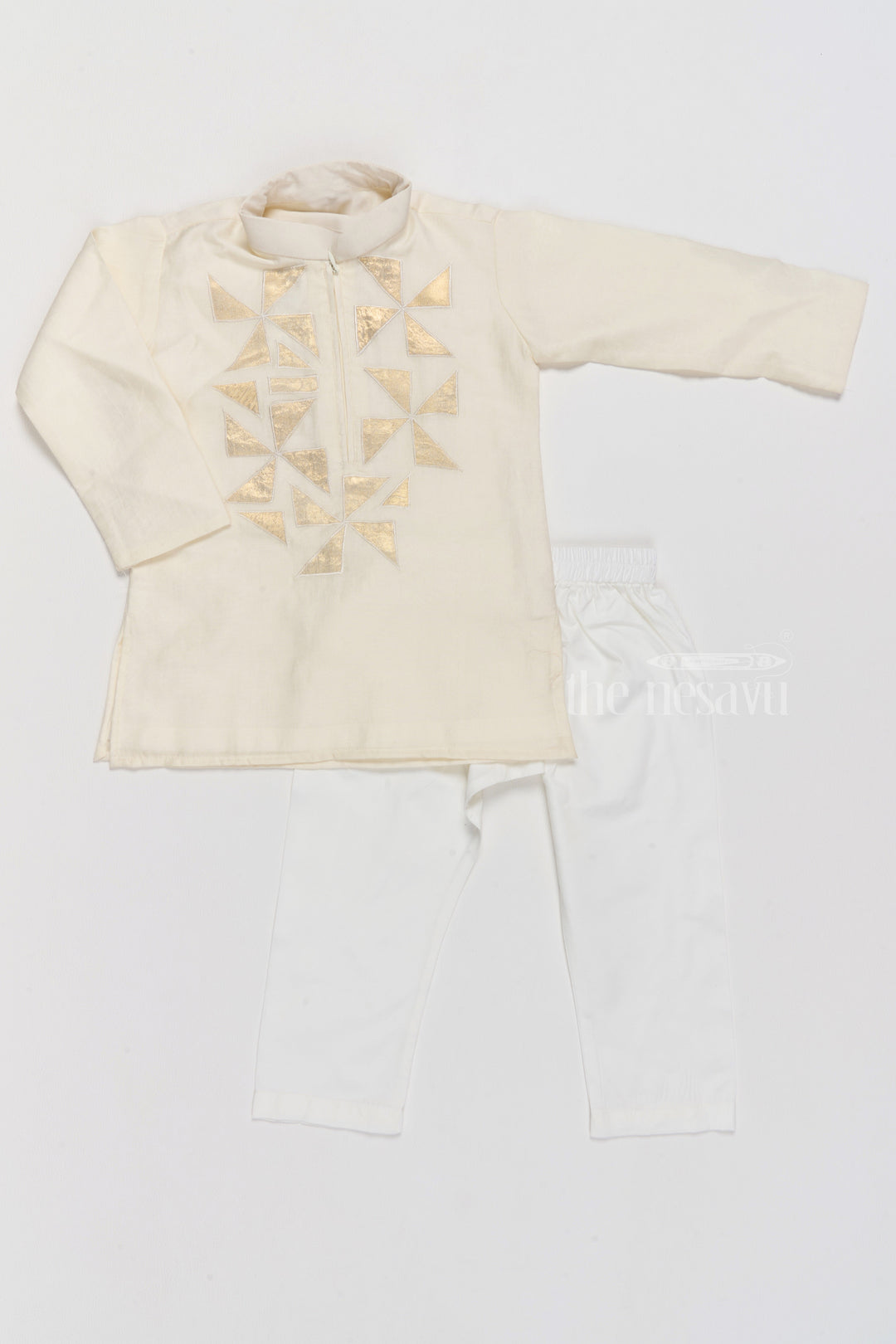 The Nesavu Boys Kurtha Set Boys Ivory Cotton Kurta Set with Elegant Gold Embroidered Triangle Design Nesavu 16 (1Y) / White BES617A-16 Boys Ivory Cotton Kurta Set Gold Embroidered Triangle Patterns | The Nesavu
