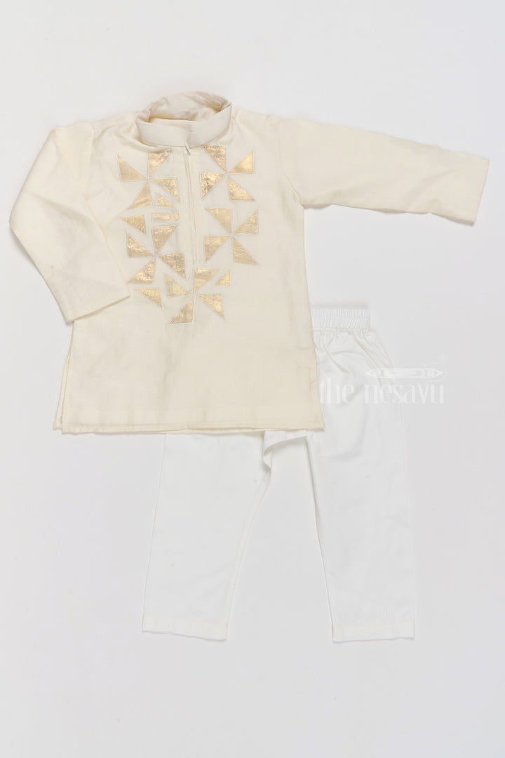The Nesavu Boys Kurtha Set Boys Ivory Cotton Kurta Set with Elegant Gold Embroidered Triangle Design Nesavu 16 (1Y) / White BES617A-16 Boys Ivory Cotton Kurta Set Gold Embroidered Triangle Patterns | The Nesavu