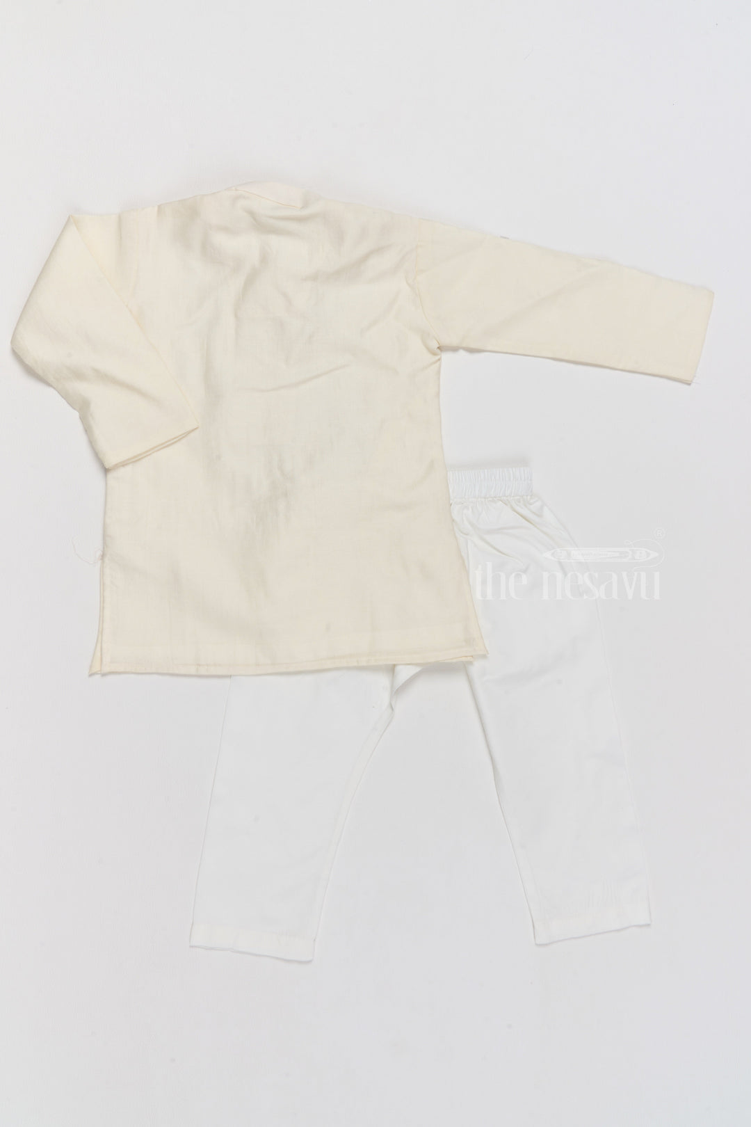 The Nesavu Boys Kurtha Set Boys Ivory Cotton Kurta Set with Elegant Gold Embroidered Triangle Design Nesavu Boys Ivory Cotton Kurta Set Gold Embroidered Triangle Patterns | The Nesavu