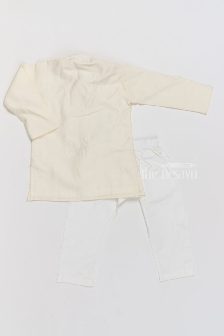 The Nesavu Boys Kurtha Set Boys Ivory Cotton Kurta Set with Elegant Gold Embroidered Triangle Design Nesavu Boys Ivory Cotton Kurta Set Gold Embroidered Triangle Patterns | The Nesavu