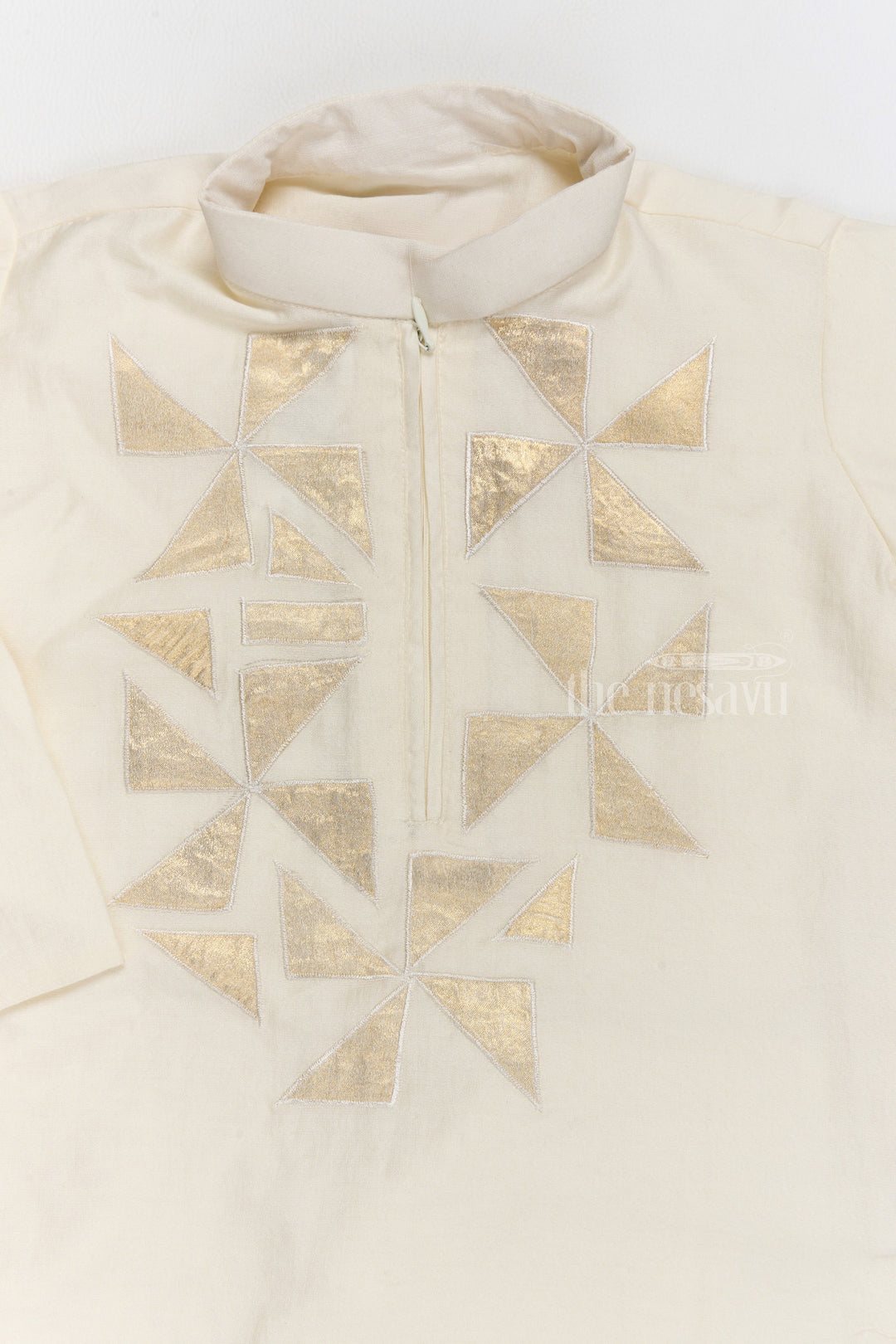 The Nesavu Boys Kurtha Set Boys Ivory Cotton Kurta Set with Elegant Gold Embroidered Triangle Design Nesavu Boys Ivory Cotton Kurta Set Gold Embroidered Triangle Patterns | The Nesavu