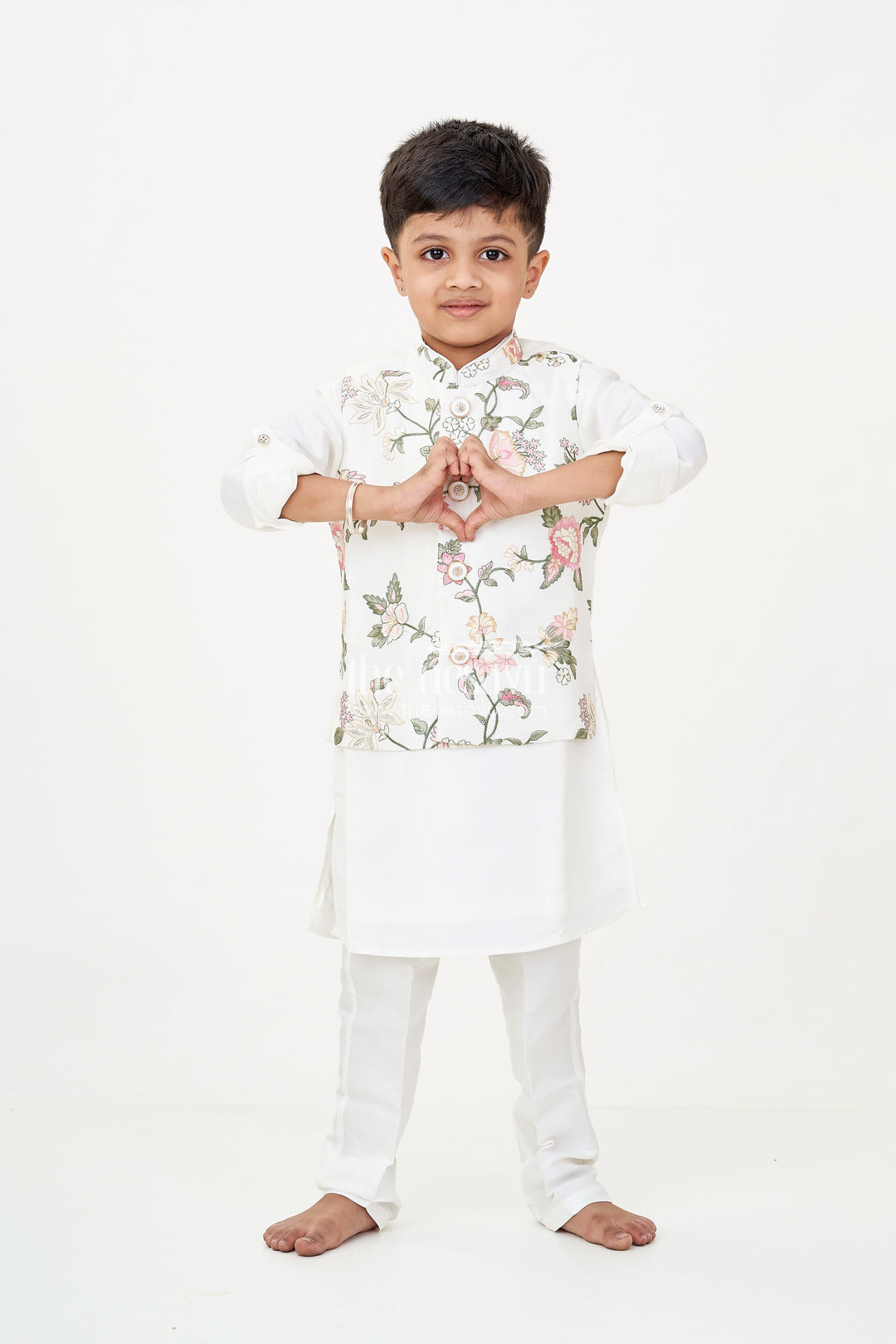 The Nesavu Boys Jacket Sets Boys Jacket and Kurta Set in Ivory with Floral Embroidered Jacket and Silk Blend Finish Nesavu 14 (6M) / Cream BES705A-14 Boys jacket kurta set Ivory Floral Embroidery Silk Blend Comfort | The Nesavu