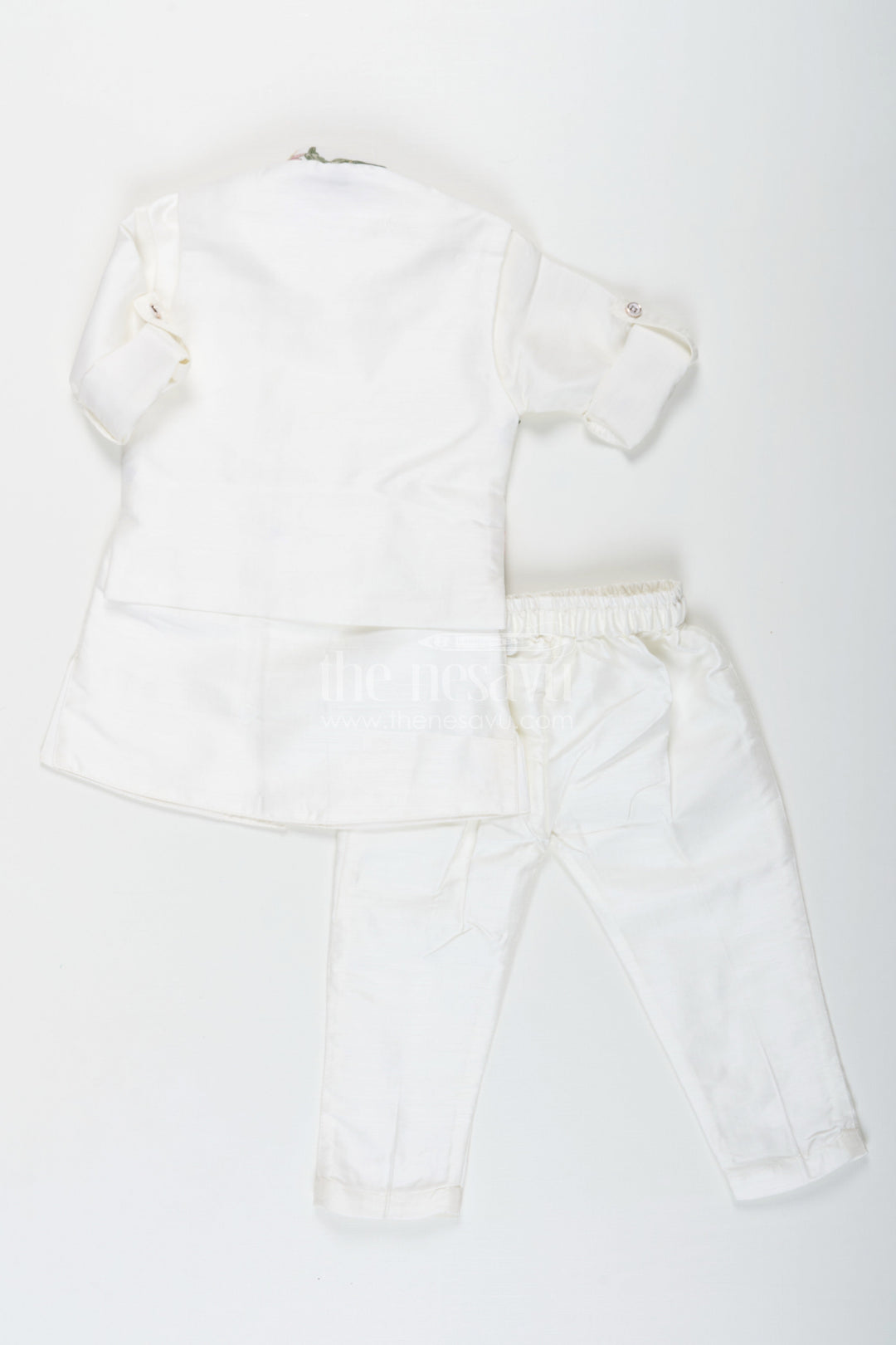 The Nesavu Boys Jacket Sets Boys Jacket and Kurta Set in Ivory with Floral Embroidered Jacket and Silk Blend Finish Nesavu Boys jacket kurta set Ivory Floral Embroidery Silk Blend Comfort | The Nesavu