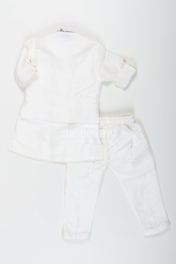 The Nesavu Boys Jacket Sets Boys Jacket and Kurta Set in Ivory with Floral Embroidered Jacket and Silk Blend Finish Nesavu Boys jacket kurta set Ivory Floral Embroidery Silk Blend Comfort | The Nesavu