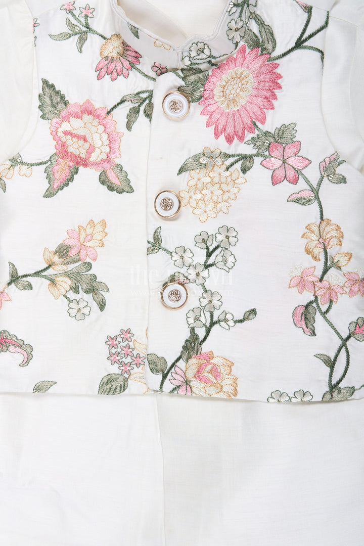The Nesavu Boys Jacket Sets Boys Jacket and Kurta Set in Ivory with Floral Embroidered Jacket and Silk Blend Finish Nesavu Boys jacket kurta set Ivory Floral Embroidery Silk Blend Comfort | The Nesavu