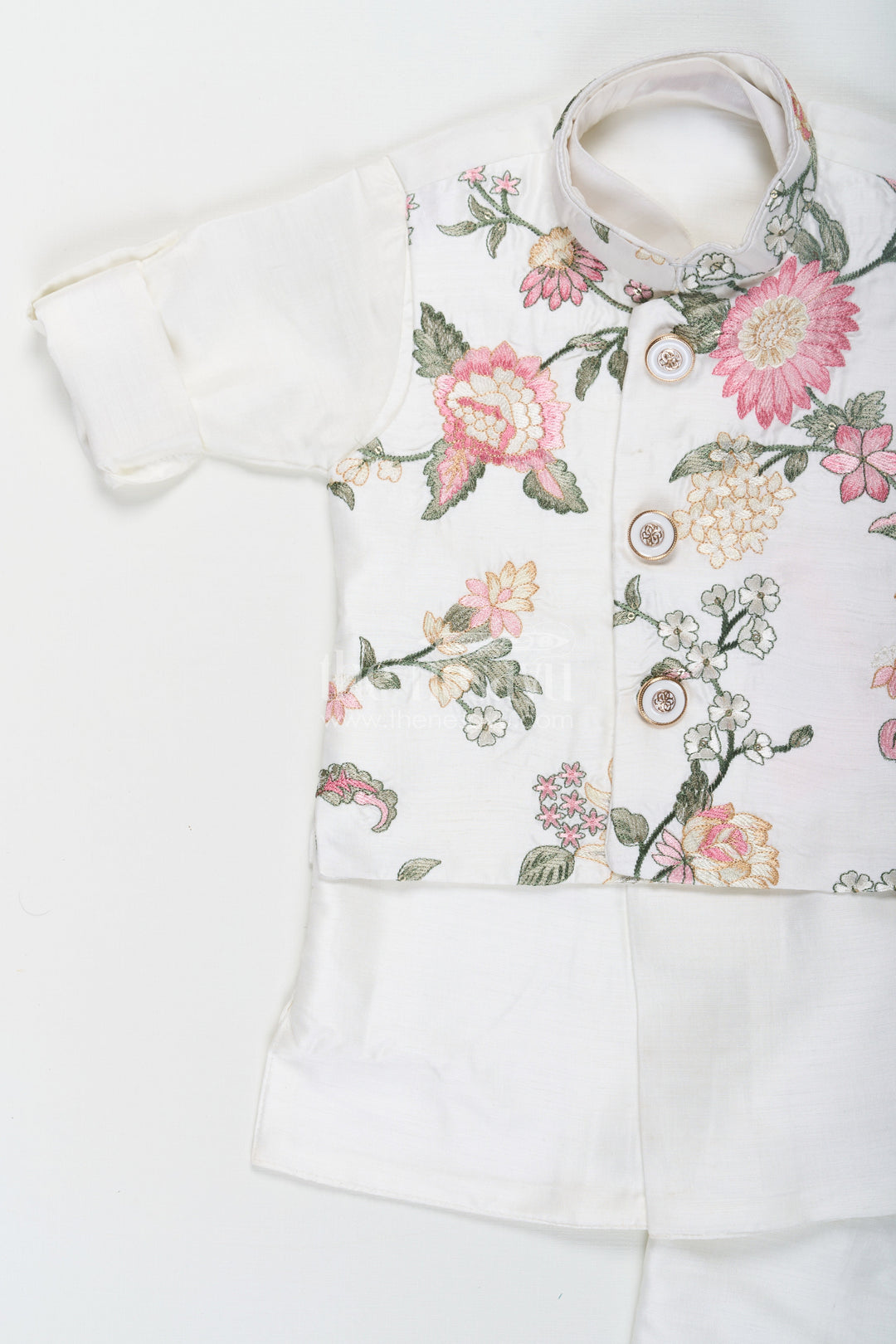 The Nesavu Boys Jacket Sets Boys Jacket and Kurta Set in Ivory with Floral Embroidered Jacket and Silk Blend Finish Nesavu Boys jacket kurta set Ivory Floral Embroidery Silk Blend Comfort | The Nesavu