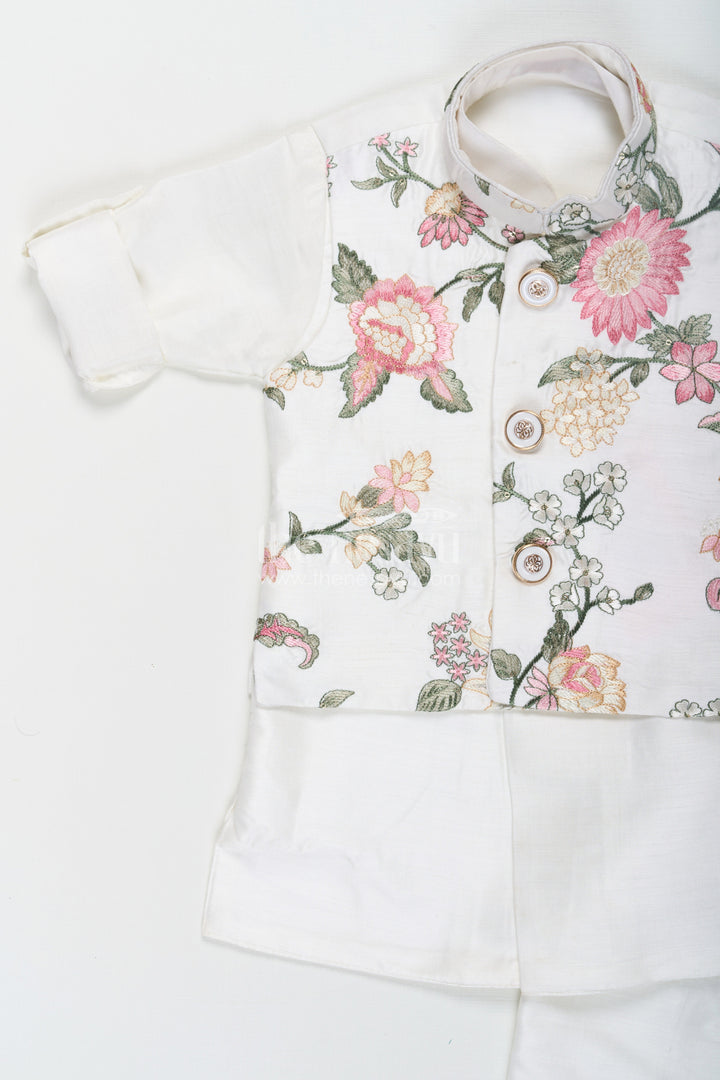 The Nesavu Boys Jacket Sets Boys Jacket and Kurta Set in Ivory with Floral Embroidered Jacket and Silk Blend Finish Nesavu Boys jacket kurta set Ivory Floral Embroidery Silk Blend Comfort | The Nesavu