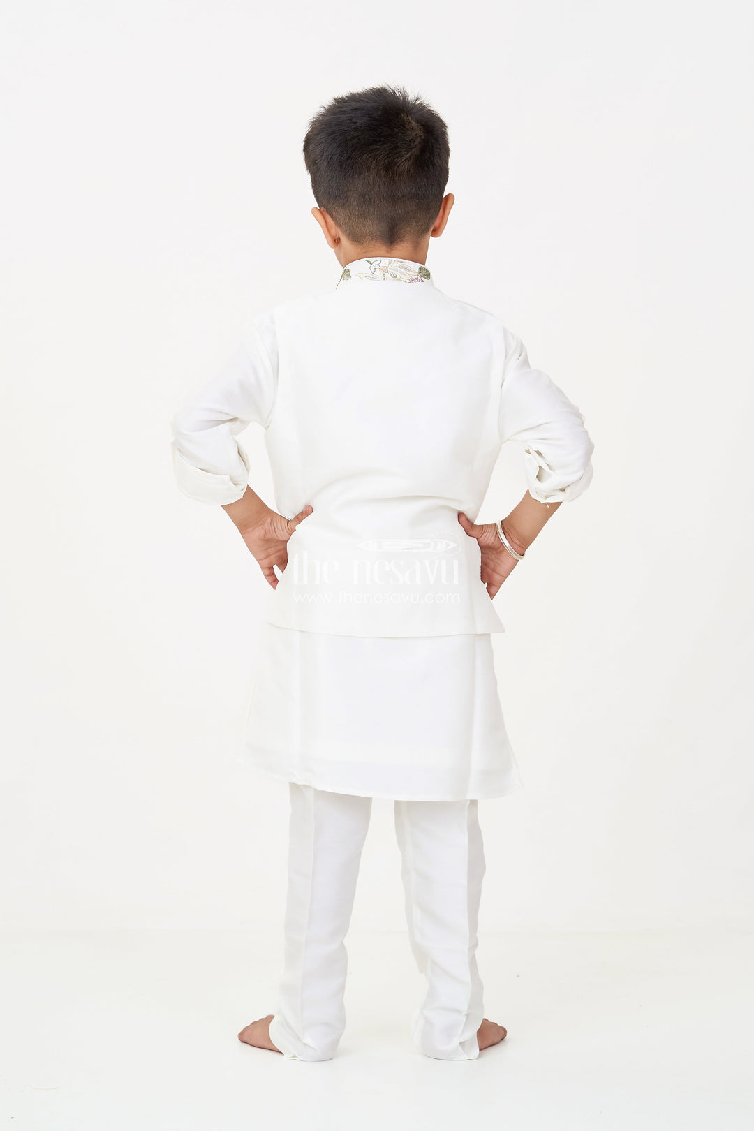 The Nesavu Boys Jacket Sets Boys Jacket and Kurta Set in Ivory with Floral Embroidered Jacket and Silk Blend Finish Nesavu Boys jacket kurta set Ivory Floral Embroidery Silk Blend Comfort | The Nesavu