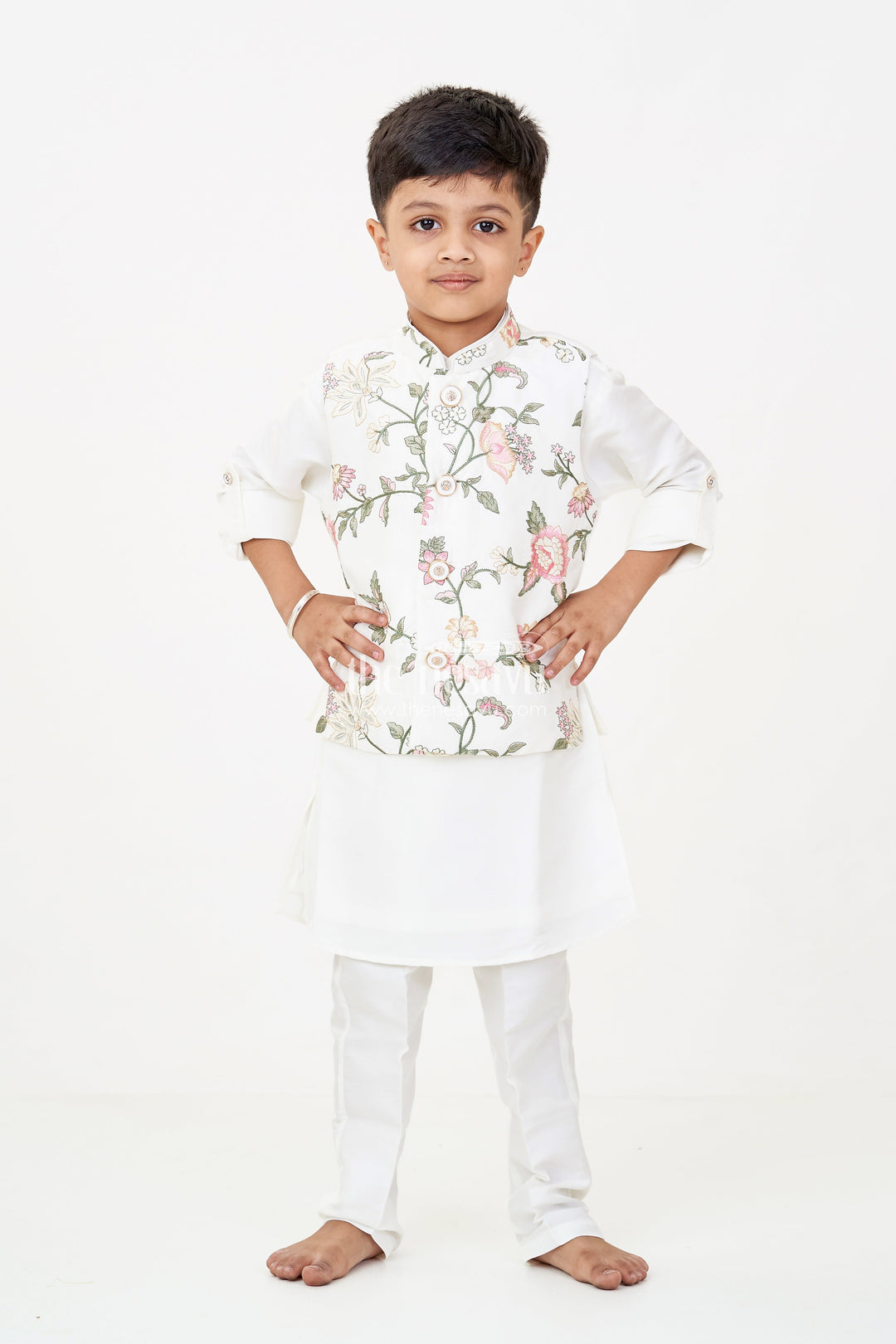 The Nesavu Boys Jacket Sets Boys Jacket and Kurta Set in Ivory with Floral Embroidered Jacket and Silk Blend Finish Nesavu Boys jacket kurta set Ivory Floral Embroidery Silk Blend Comfort | The Nesavu