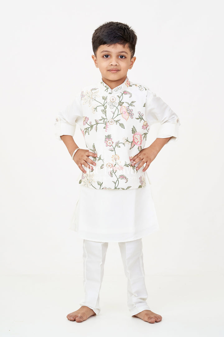 The Nesavu Boys Jacket Sets Boys Jacket and Kurta Set in Ivory with Floral Embroidered Jacket and Silk Blend Finish Nesavu Boys jacket kurta set Ivory Floral Embroidery Silk Blend Comfort | The Nesavu