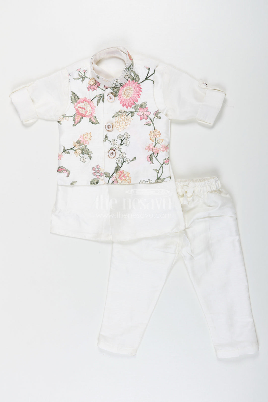 The Nesavu Boys Jacket Sets Boys jacket and kurta set in Ivory with Floral Embroidered Jacket and Silk Blend Finish Nesavu Nesavu Boys jacket kurta set Ivory Floral Embroidery Silk Blend Comfort
