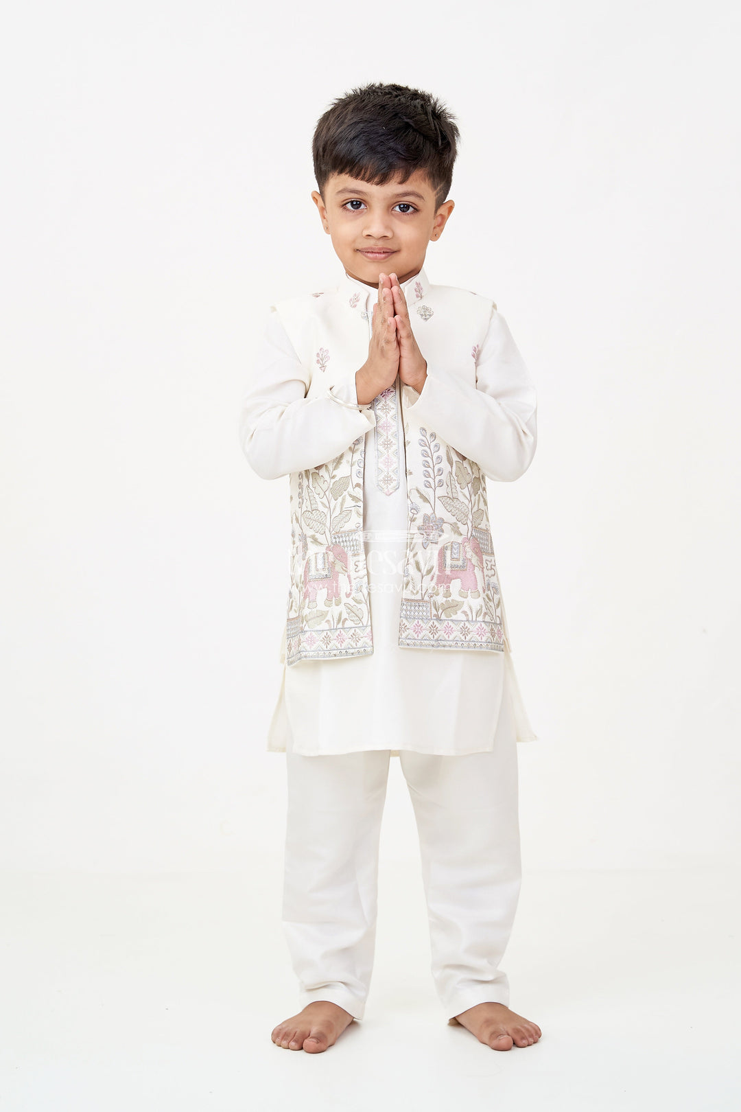 The Nesavu Boys Jacket Sets Boys Jacket and Pant Set with Ivory Silk Blend Embroidered Jacket and Matching Trousers for Classic Festive Look Nesavu 16 (1Y) / White BES706A-16 Boys jacket pant set Ivory Silk Blend Floral Embroidery Elegant Occasions | The Nesavu