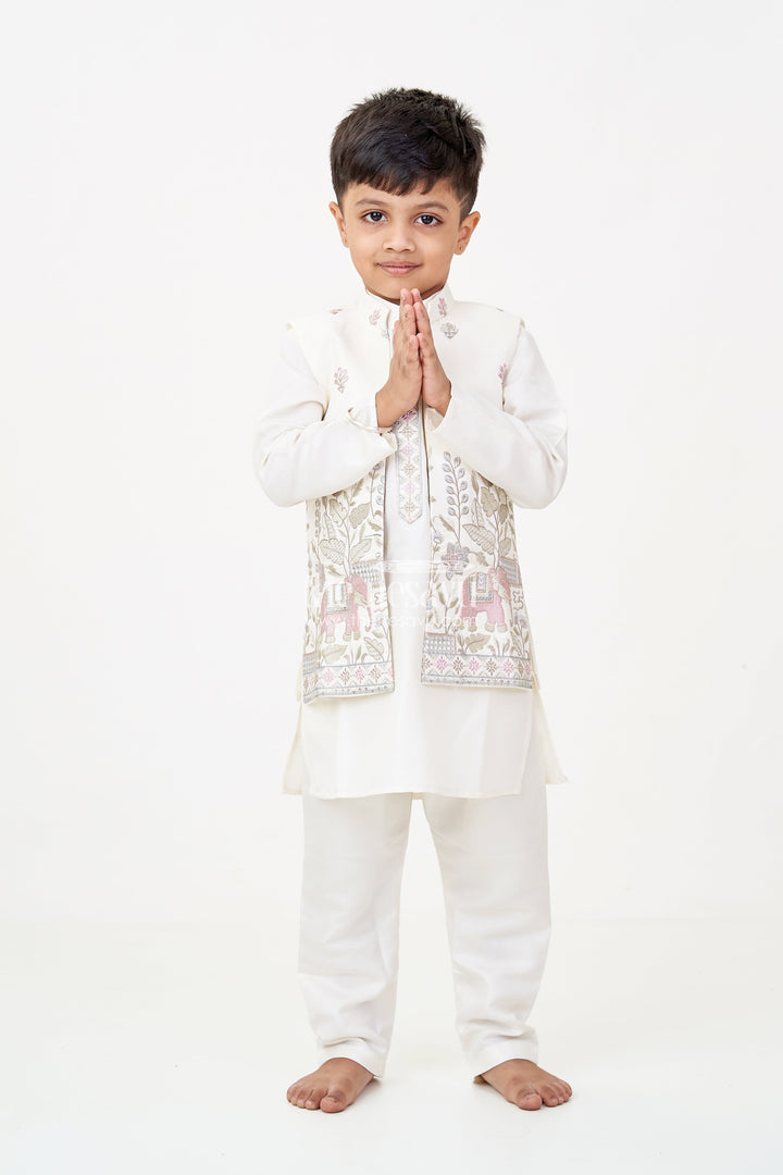 The Nesavu Boys Jacket Sets Boys Jacket and Pant Set with Ivory Silk Blend Embroidered Jacket and Matching Trousers for Classic Festive Look Nesavu 16 (1Y) / White BES706A-16 Boys jacket pant set Ivory Silk Blend Floral Embroidery Elegant Occasions | The Nesavu
