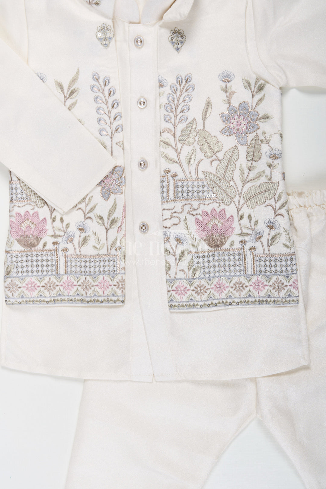 The Nesavu Boys Jacket Sets Boys Jacket and Pant Set with Ivory Silk Blend Embroidered Jacket and Matching Trousers for Classic Festive Look Nesavu Boys jacket pant set Ivory Silk Blend Floral Embroidery Elegant Occasions | The Nesavu
