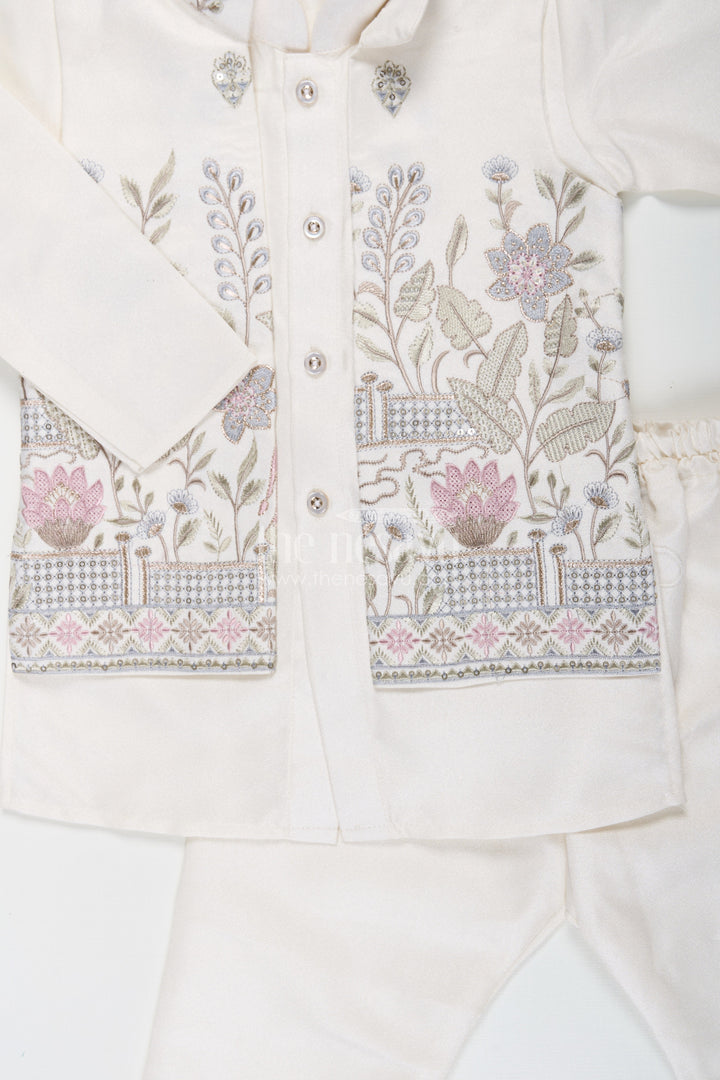 The Nesavu Boys Jacket Sets Boys Jacket and Pant Set with Ivory Silk Blend Embroidered Jacket and Matching Trousers for Classic Festive Look Nesavu Boys jacket pant set Ivory Silk Blend Floral Embroidery Elegant Occasions | The Nesavu