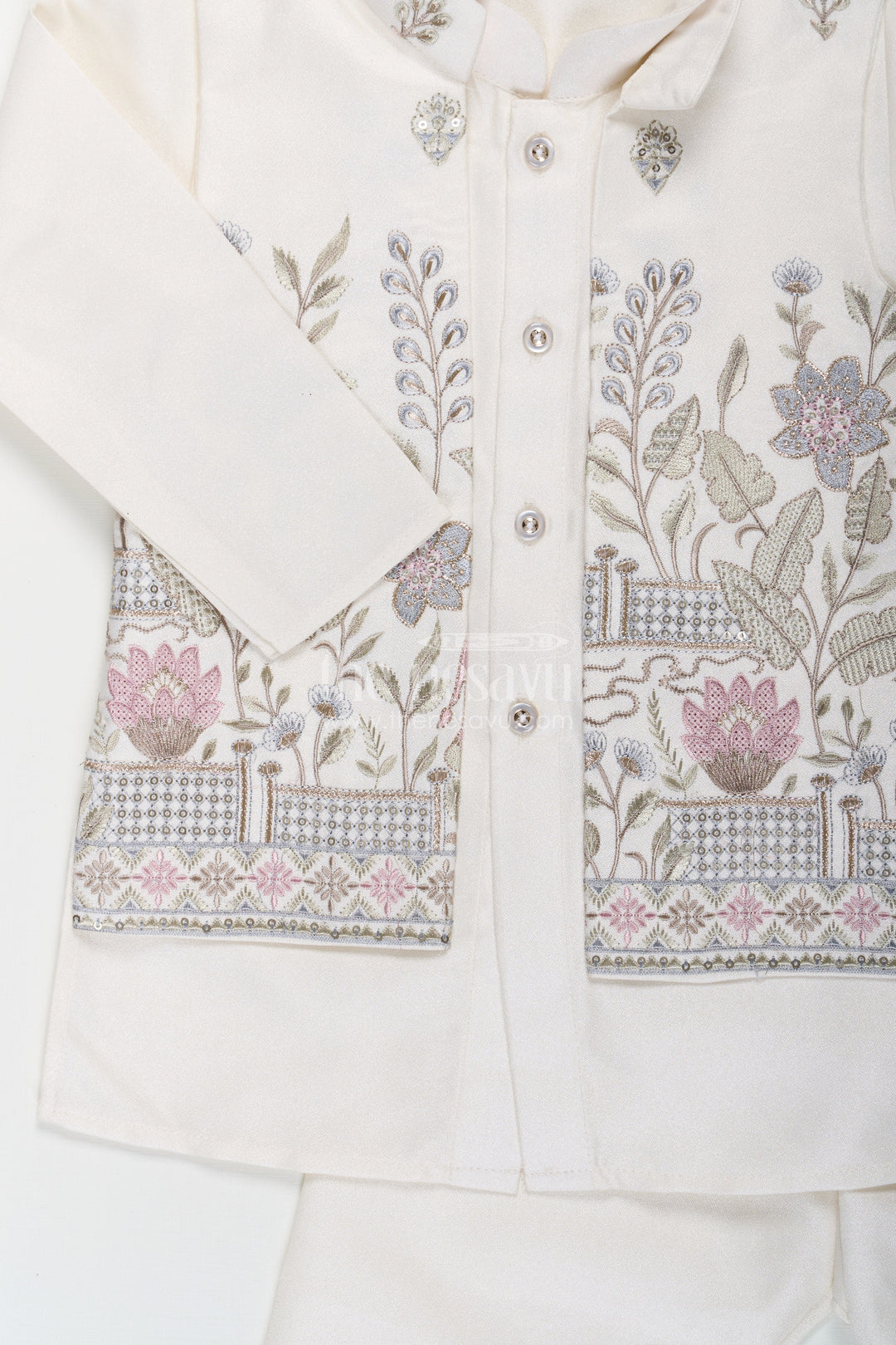 The Nesavu Boys Jacket Sets Boys Jacket and Pant Set with Ivory Silk Blend Embroidered Jacket and Matching Trousers for Classic Festive Look Nesavu Boys jacket pant set Ivory Silk Blend Floral Embroidery Elegant Occasions | The Nesavu
