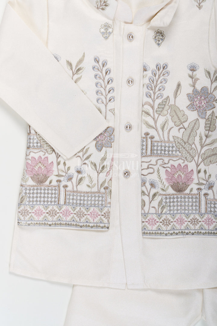 The Nesavu Boys Jacket Sets Boys Jacket and Pant Set with Ivory Silk Blend Embroidered Jacket and Matching Trousers for Classic Festive Look Nesavu Boys jacket pant set Ivory Silk Blend Floral Embroidery Elegant Occasions | The Nesavu