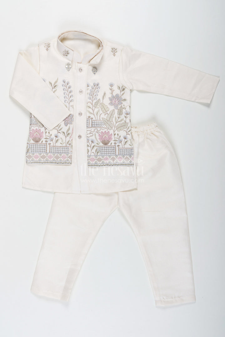 The Nesavu Boys Jacket Sets Boys Jacket and Pant Set with Ivory Silk Blend Embroidered Jacket and Matching Trousers for Classic Festive Look Nesavu Boys jacket pant set Ivory Silk Blend Floral Embroidery Elegant Occasions | The Nesavu