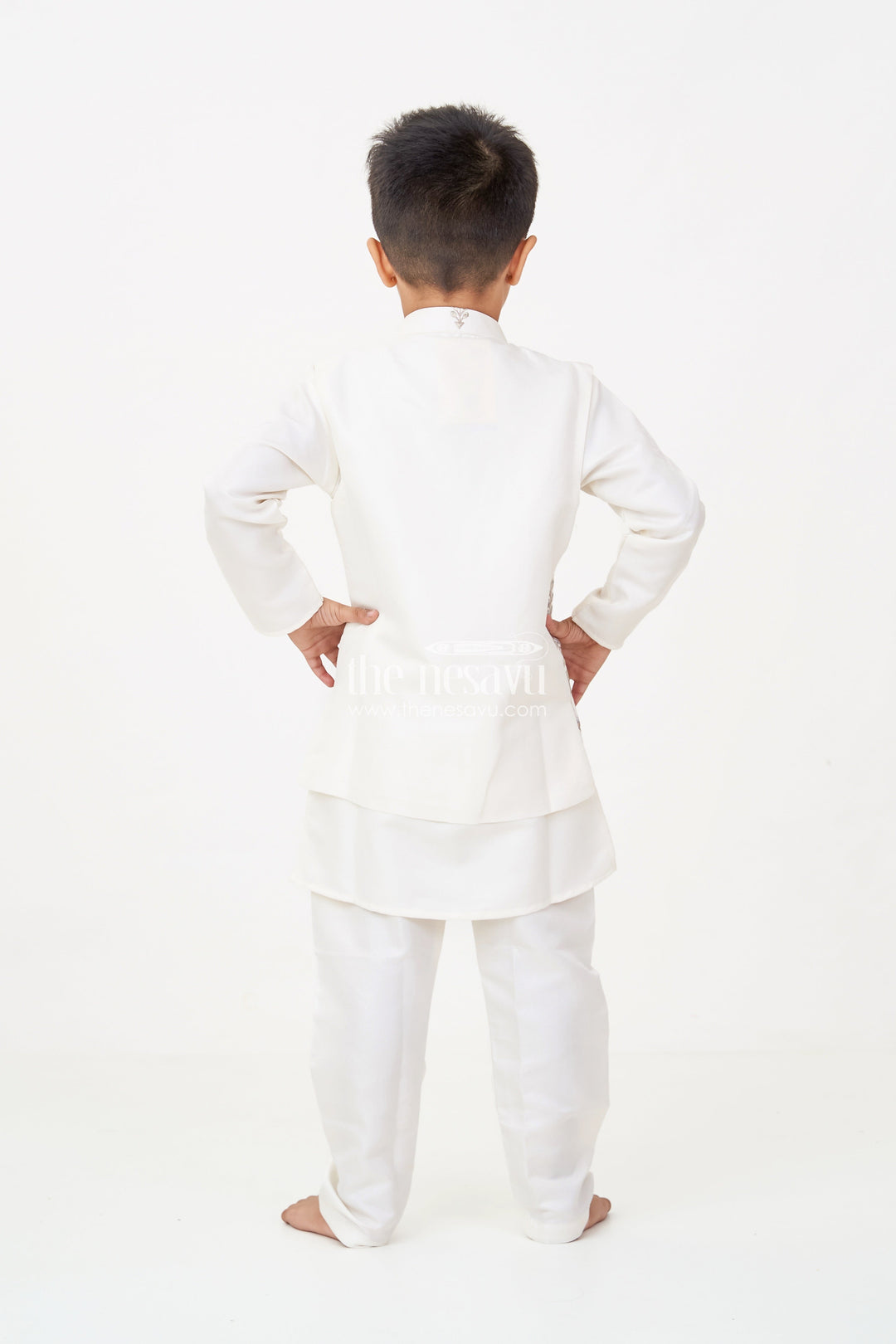 The Nesavu Boys Jacket Sets Boys Jacket and Pant Set with Ivory Silk Blend Embroidered Jacket and Matching Trousers for Classic Festive Look Nesavu Boys jacket pant set Ivory Silk Blend Floral Embroidery Elegant Occasions | The Nesavu