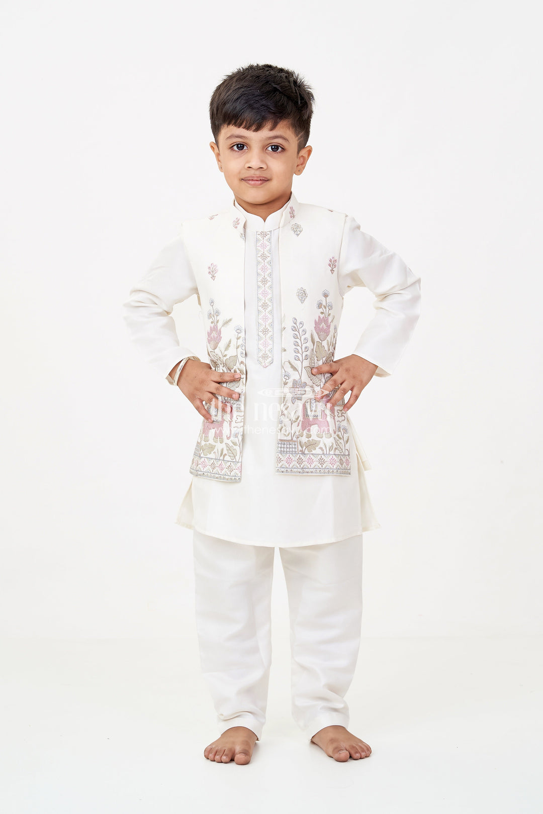 The Nesavu Boys Jacket Sets Boys Jacket and Pant Set with Ivory Silk Blend Embroidered Jacket and Matching Trousers for Classic Festive Look Nesavu Boys jacket pant set Ivory Silk Blend Floral Embroidery Elegant Occasions | The Nesavu