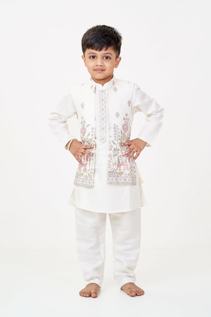 The Nesavu Boys Jacket Sets Boys Jacket and Pant Set with Ivory Silk Blend Embroidered Jacket and Matching Trousers for Classic Festive Look Nesavu Boys jacket pant set Ivory Silk Blend Floral Embroidery Elegant Occasions | The Nesavu