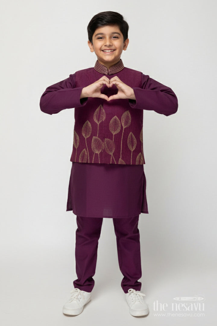 The Nesavu Boys Jacket Sets Boys Jacket Kurta Set for Weddings and Festive Receptions Nesavu 16 (1Y) / Maroon BES739B-16 Nesavu boys jacquard silk jacket kurta set weddings festive family celebrations