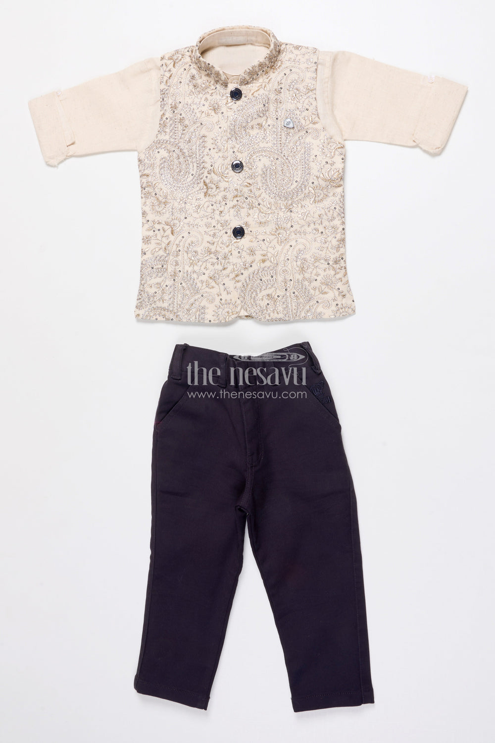 The Nesavu Boys Jacket Sets Boys Jacket Kurta Set with Embroidery for Wedding Functions and Ethnic Day Nesavu 16 (1Y) / Cream BES936A-16 Nesavu boys embroidered jacket kurta set festive wear weddings school events traditional occasions
