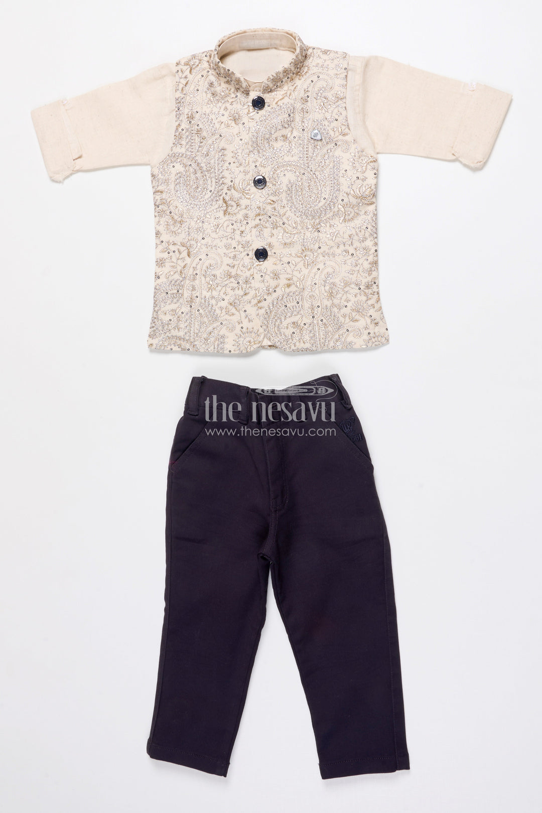 The Nesavu Boys Jacket Sets Boys Jacket Kurta Set with Embroidery for Wedding Functions and Ethnic Day Nesavu 16 (1Y) / Cream BES936A-16 Nesavu boys embroidered jacket kurta set festive wear weddings school events traditional occasions