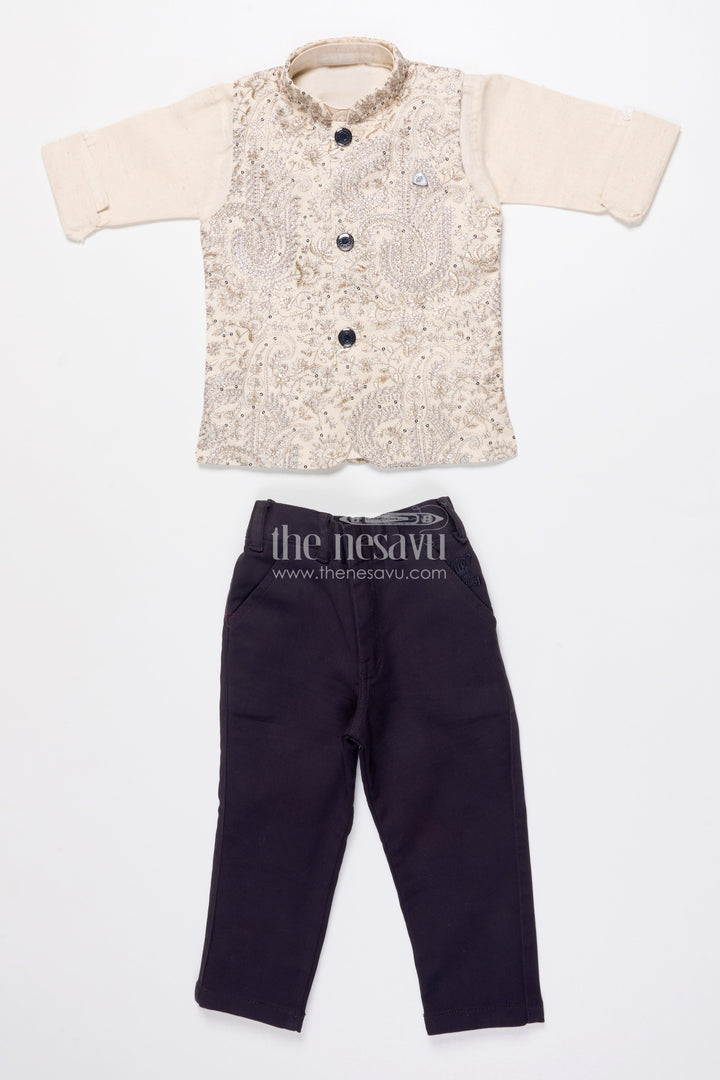 The Nesavu Boys Jacket Sets Boys Jacket Kurta Set with Embroidery for Wedding Functions and Ethnic Day Nesavu 16 (1Y) / Cream BES936A-16 Nesavu boys embroidered jacket kurta set festive wear weddings school events traditional occasions