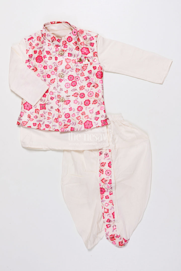 The Nesavu Boys Jacket Sets Boys Jacket Kurta Set with Floral Print for Wedding Functions and Ethnic Day Nesavu Nesavu boys floral print jacket kurta set festive silk blend outfit weddings ethnic celebrations