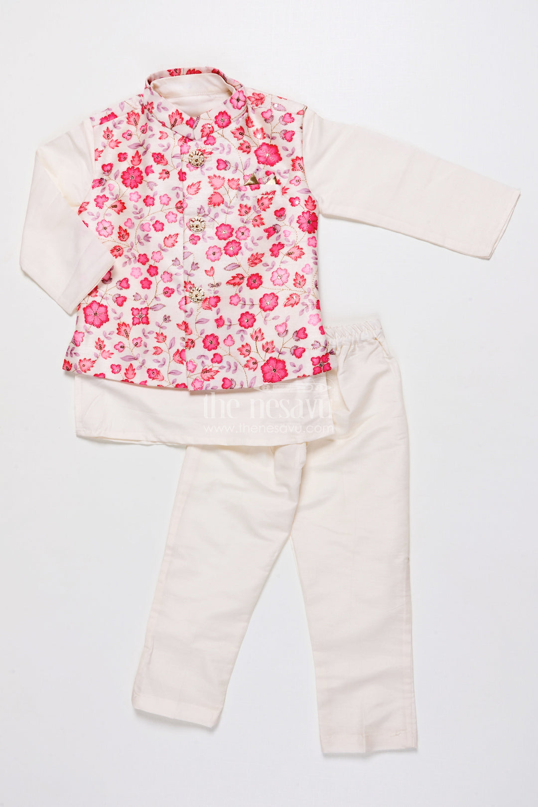 The Nesavu Boys Jacket Sets Boys Jacket Kurta Set with Floral Print for Wedding Functions and Ethnic Day Nesavu Nesavu boys floral print jacket kurta set festive silk blend outfit weddings ethnic celebrations