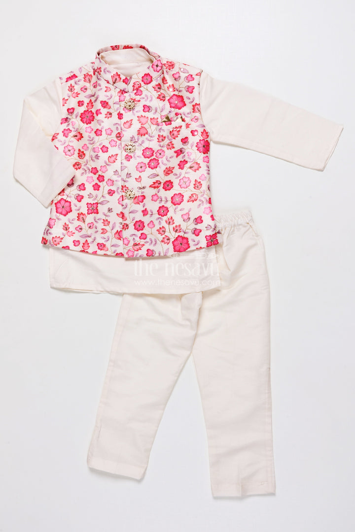 The Nesavu Boys Jacket Sets Boys Jacket Kurta Set with Floral Print for Wedding Functions and Ethnic Day Nesavu Nesavu boys floral print jacket kurta set festive silk blend outfit weddings ethnic celebrations