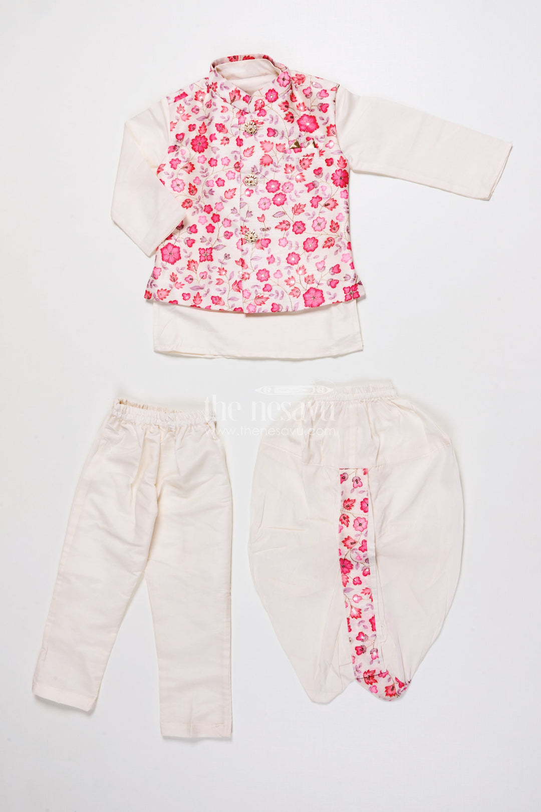 The Nesavu Boys Jacket Sets Boys Jacket Kurta Set with Floral Print for Wedding Functions and Ethnic Day Nesavu Nesavu boys floral print jacket kurta set festive silk blend outfit weddings ethnic celebrations