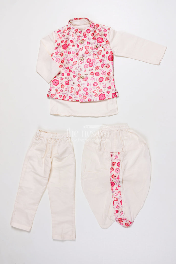 The Nesavu Boys Jacket Sets Boys Jacket Kurta Set with Floral Print for Wedding Functions and Ethnic Day Nesavu Nesavu boys floral print jacket kurta set festive silk blend outfit weddings ethnic celebrations