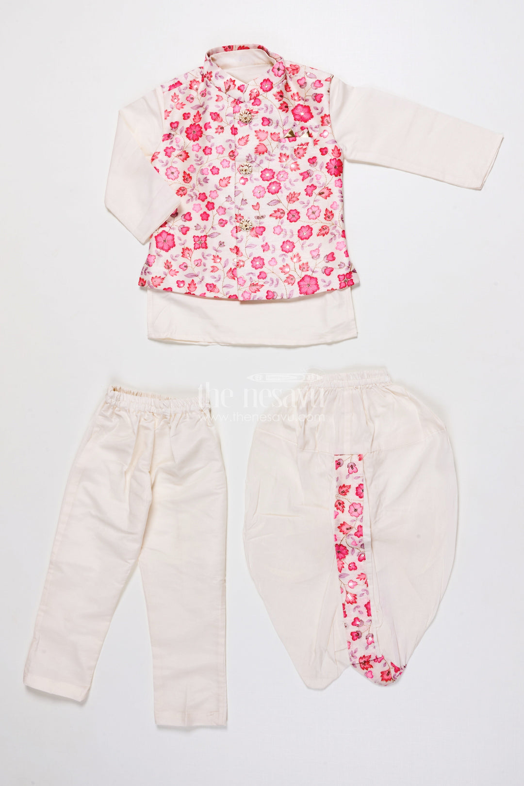 The Nesavu Boys Jacket Sets Boys Jacket Kurta Set with Floral Print for Wedding Functions and Ethnic Day Nesavu Nesavu boys floral print jacket kurta set festive silk blend outfit weddings ethnic celebrations