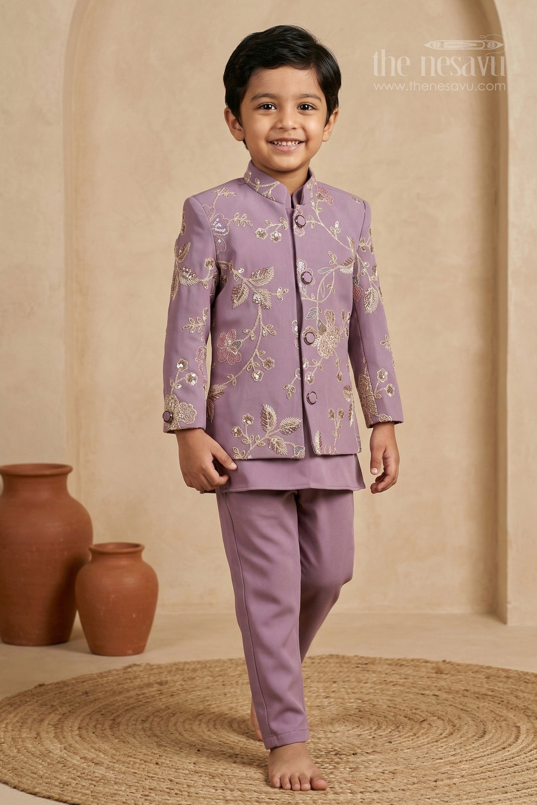 The Nesavu Boys Jacket Sets Boys Jacket Set for Festive Celebrations and Wedding Functions Nesavu 14 (6M) / Purple / Viscose Silk BES969A-14 Nesavu boys viscose silk blend jacket set with designer embroidery for festive and wedding occasions