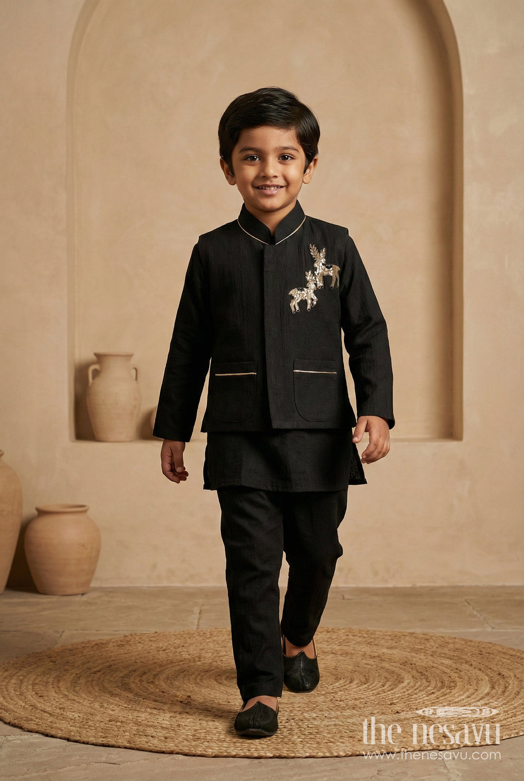 The Nesavu Boys Jacket Sets Boys Jacket Set for Festive Events and Family Functions Nesavu 16 (1Y) / Black / Silk Blend BES737C-16 Nesavu boys jacket set for festive occasions in black blend silk with embroidery